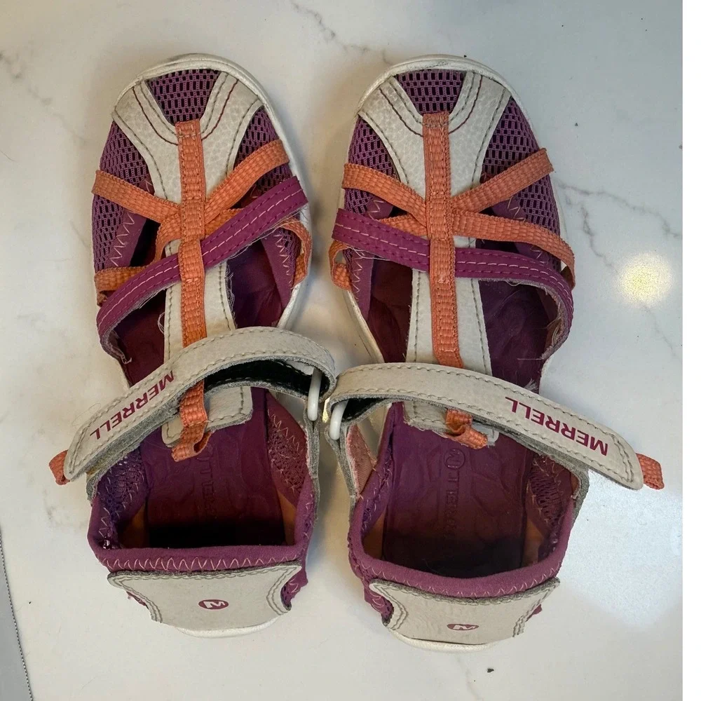 Merrell Hydro Kids Sandals Pink Orange White Leather Mesh Size 13M